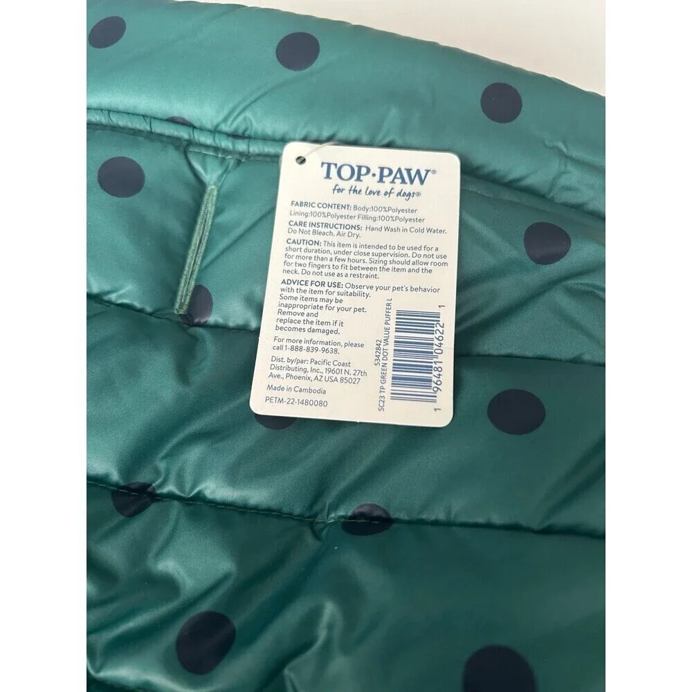 Top Paw Dog Puffer Vest/Jacket Green & Blue With  Polka Dots size L